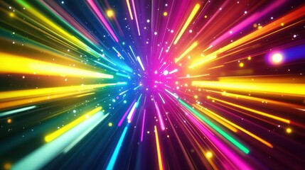 3D abstract background with a colorful spectrum of bright neon rays and glowing lines, creating a vivid and energetic visual scene