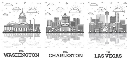 Fototapeta premium Outline Charleston West Virginia, Las Vegas Nevada and Washington DC USA City Skyline with Modern Buildings and reflections Isolated on White.