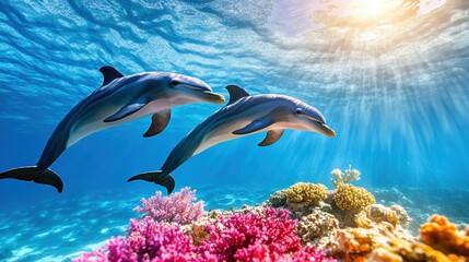 Fototapeta premium Playful Dolphins Swimming in Vibrant Coral Reef