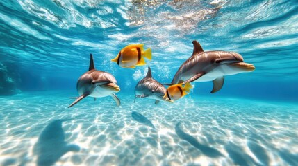 Obraz premium Playful Dolphins Swimming with Colorful Fish
