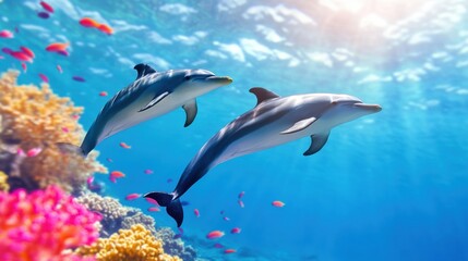 Fototapeta premium Graceful dolphins swimming near vibrant coral reefs