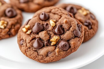 Fototapeta premium Close-up of a Chocolate Chip Cookie with Walnuts on a White Plate