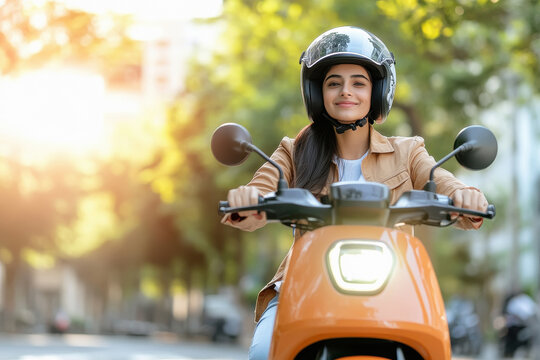 young indian woman wearing helmet and riding electric scooter