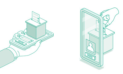 Hand hold phone. Isometric online voting and election concept using the smartphone. Illustration. Smartphone with vote on screen. People vote online using mobile app to choose their candidate.