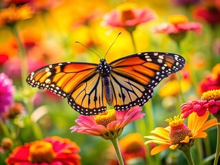 Obraz premium In a sun-kissed garden, a brilliant monarch butterfly elegantly rests on a colorful bloom, embodying nature’s exquisite