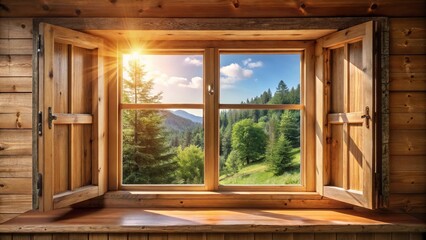 Cozy house with open window and wooden frame