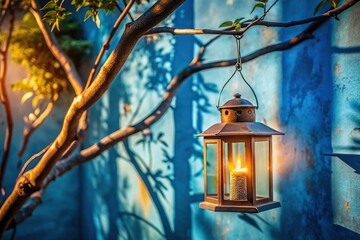 Cozy lanterns hanging on tree branch in serene garden with shadows on blue wall, sunlit view