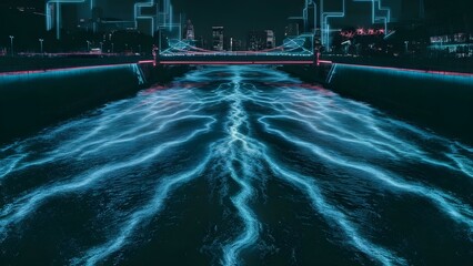 Obraz premium Neon river with neon bridge 