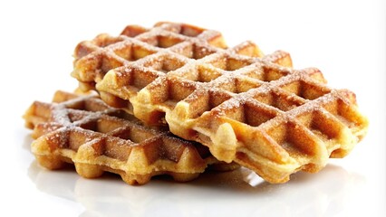 Crispy cinnamon sugar waffles on white background.