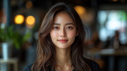 Fototapeta premium Beautiful Young Asian Woman with Long Black Hair Smiling in a Cafe