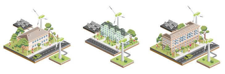 Isometric residential buildings with solar panels and wind turbines. Green eco friendly house. Infographic element. Infographic element. City home. Trees with people.
