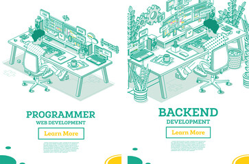 Programmer. Frontend or Backend Developer Sit on Chair with Wheels in Front of Two Monitors with Code. Html Programming Code. Creating a Web Layout or App Template. UI UX Interface.
