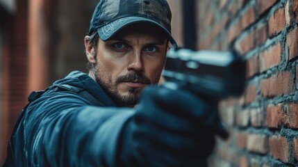 An intense standoff with a man aiming a handgun in a gritty alley under dim lighting in the evening