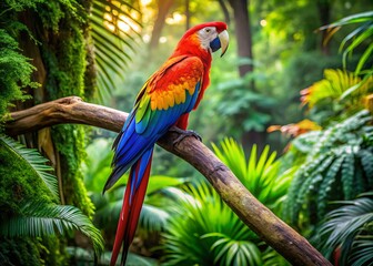 In a tropical rainforest, a vivid arara perches atop a branch, surrounded by rich green leaves, embodying the