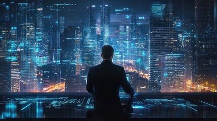 Digital technology, Business network connection, Teamwork, Deal, Partnership and data exchange, Investment analysis, planning and. strategy. Businessman working with digital device on smart city.