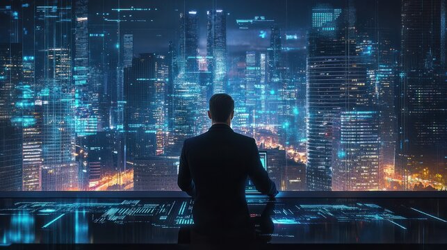 Digital technology, Business network connection, Teamwork, Deal, Partnership and data exchange, Investment analysis, planning and. strategy. Businessman working with digital device on smart city.