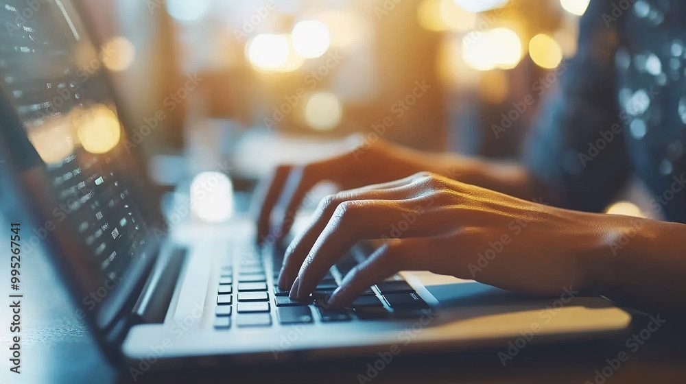 Wall mural Hands Typing on Laptop in Soft Light Environment