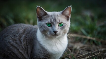 Portrait of a cat with emerald green eyes stares at you with a wise and mysterious gaze.