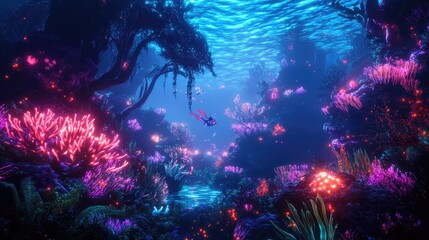 An underwater landscape with glowing coral reefs and strange aquatic creatures swimming through the depths