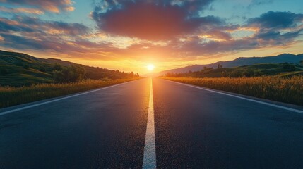 Fototapeta premium Empty countryside asphalt road leading to start 2025 at sunset