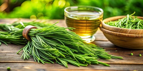 In a vibrant natural setting, fresh horsetail tea leaves stand ready for herbal remedies and wellness, providing a