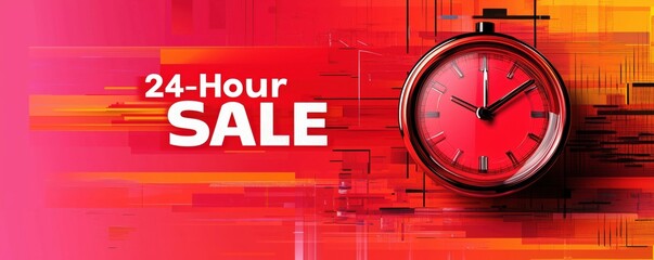 24-hour sale banner with a red clock on a vibrant red gradient background.