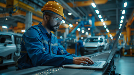 Car Factory Engineer in Work Uniform Using Laptop Computer with Spreadsheet Software. Working with Software at Automotive Industrial Manufacturing Facility Dedicated for Vehicle