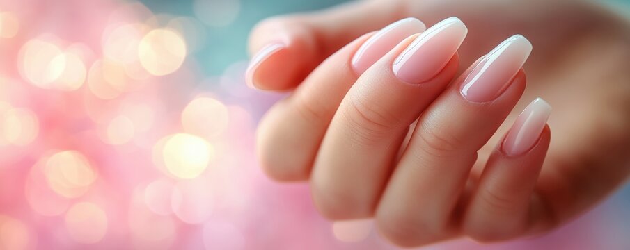 Close-up of manicured nails with a pastel background, showcasing beauty and self-care.