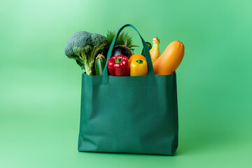 Fresh fruits and vegetables grocery product in green reusable shopping bag isolated on green background