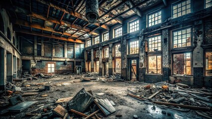 Dark abandoned building with debris scattered around