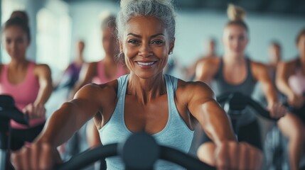 Group of women of different ages and races during cycling workout. Group fitness classes on exercise bikes. Workouts for any age. Be healthy in any age. Photo against a bright, gym studio background