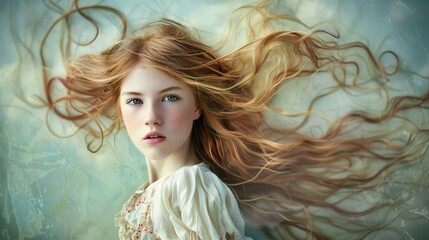 Fototapeta premium Close-up portrait of a young woman with windblown hair. Concept of natural beauty and emotion.