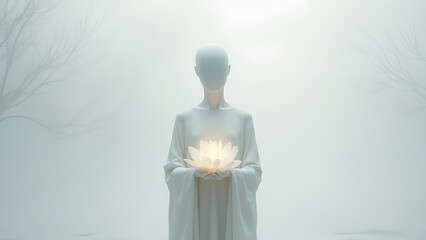 A white plaster-like androgynous figure holding a glowing white lotus in their hands
