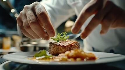 Master chef cook man hands precisely cooking dressing preparing tasty fresh delicious mouthwatering gourmet dish food on plate to customers 5-star michelin restaurant kitchen close-up detailed artwork