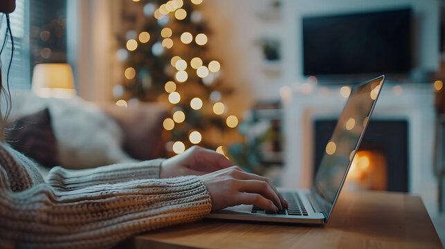 Close Up on Hands of a Female Specialist Working on Laptop Computer at Cozy Home Living Room while Sitting at a Table. Freelancer Woman Chatting Over the Internet on Social Networ