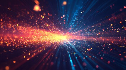 Obraz premium Abstract digital art of blue and orange glowing particles and lights streaks on a dark background.