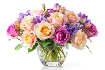 Delicate bouquet of roses and irises in crystal vase on white background