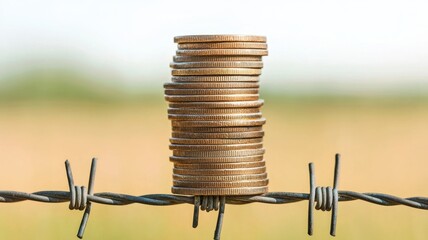 A stack of coins trapped behind a barbed wire fence, representing restricted trade, financial blockade, economic sanctions. Trade barrier