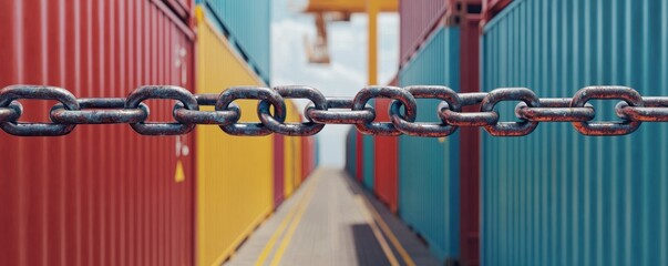 Trade barrier, broken chain across a bridge with cargo trucks on both sides, 3D illustration