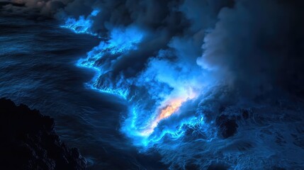 Fototapeta premium Blue lava meeting the ocean waves, creating a stunning light display