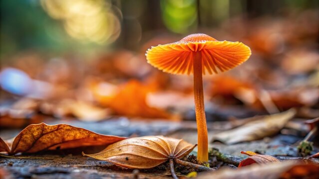 Delicate orange pinwheel mushroom or marasmius siccus growing in rotting leaf litter with shallow depth of field