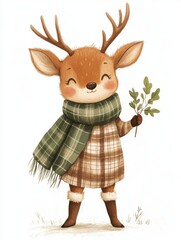 Obraz premium Cute Winter Deer with Plaid Scarf Holding Branch - Christmas Cartoon Illustration for Holiday Design