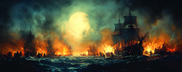 Skeleton pirates, pulling cursed treasure from the sea, moonlit night, Watercolor style