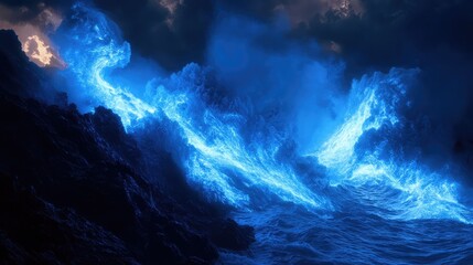 Fototapeta premium Blue lava meeting the ocean waves, creating a stunning light display