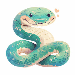 Cute snake sideways, flat vector illustration in watercolor style, white background 