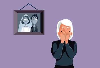 Sad Widow Crying Next to her Wedding Photo Vector Illustration. Unhappy wife losing her husband feeling alone after longtime romance
