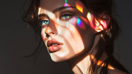A glamorous woman with prismatic reflections of light creating multicolor highlights on her face, adding an artistic flair to her elegant style