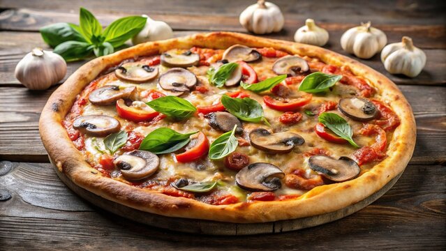 Delicious Italian pizza with mushrooms on a rustic table