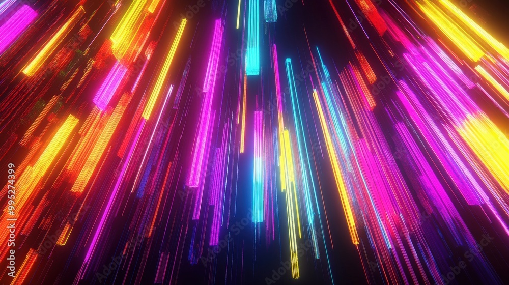 Aufkleber 3d render featuring an abstract background with a colorful spectrum of neon rays and glowing lines, 