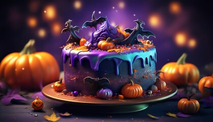 A spooky Halloween-themed cake adorned with purple icing, bats, and pumpkins, set against a dark, festive backdrop.